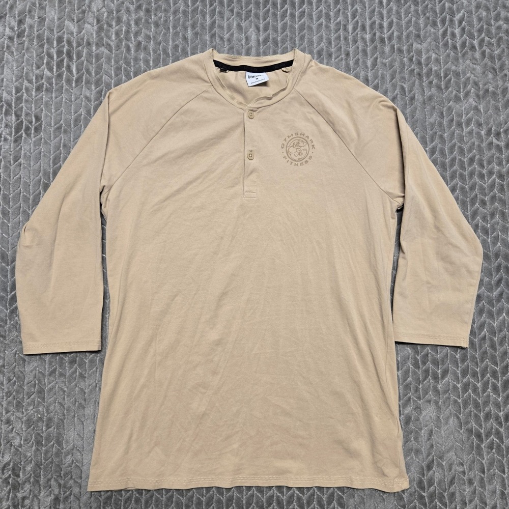 Gymshark Fitness Mens Desert Tan Raglan Heritage Henley Shirt Size‎ M A5A3C Logo